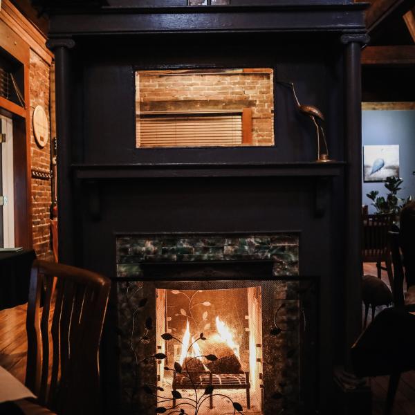 Fireplace with a burning fire