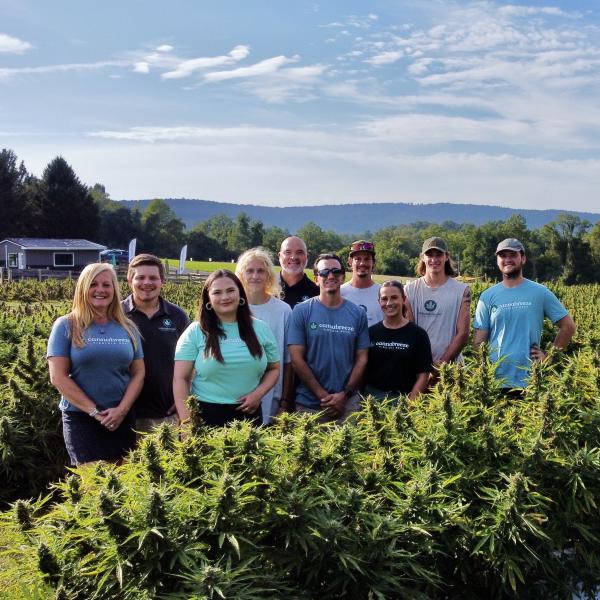 The staff at Cannabreeze stands among the hemp fields in Lovettsville, VA