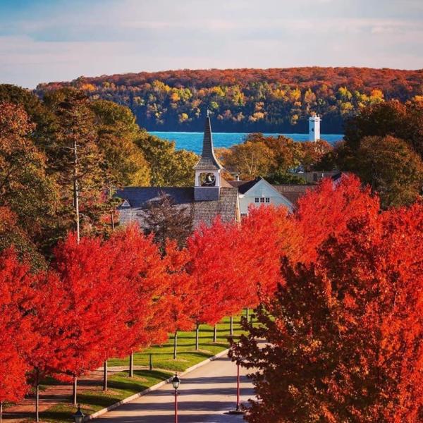 Mackinac Island street with colorful fall foliage