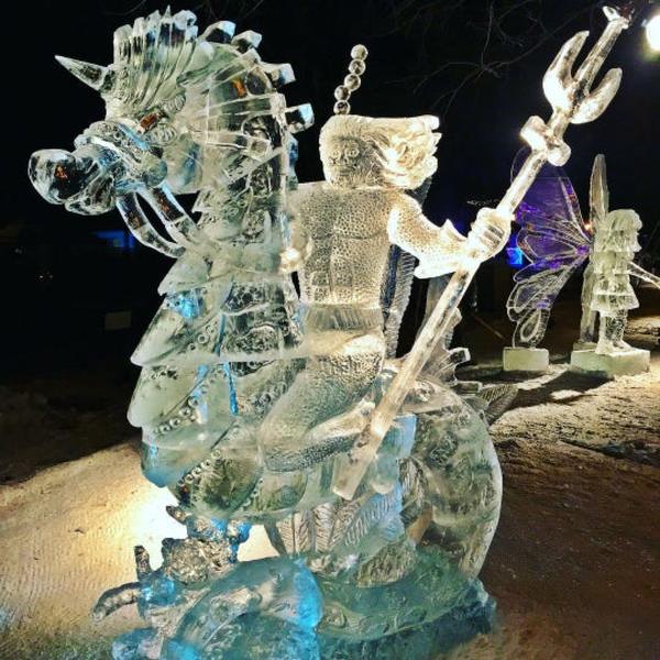 Ice sculpture of an ancient warrior riding a seahorse from the St. Paul Winter Carnival