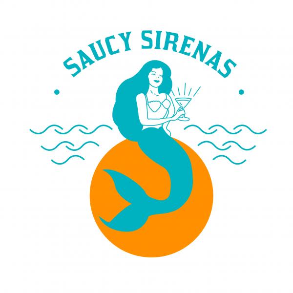 Teal and orange logo with a teal mermaid sitting on an orange sun holding a martini glass. Over her are the words "Saucy Sirenas"