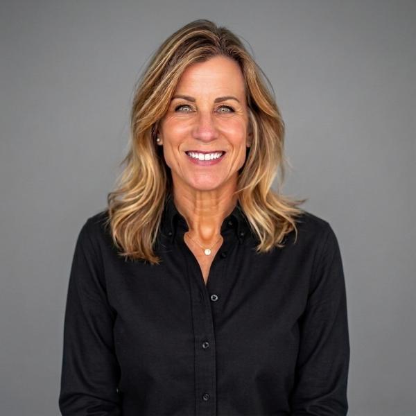 Kathleen Davies headshot, smiling woman in a black business top against a gray background.