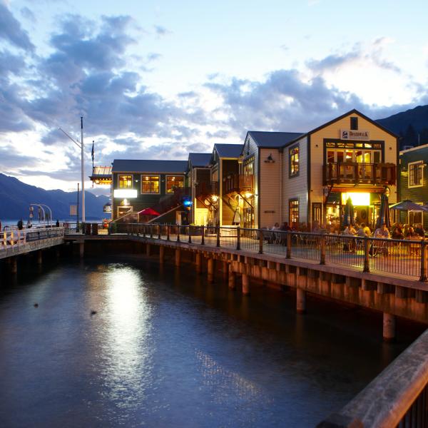 Steamer Wharf eateries at night, Queenstown Bay 