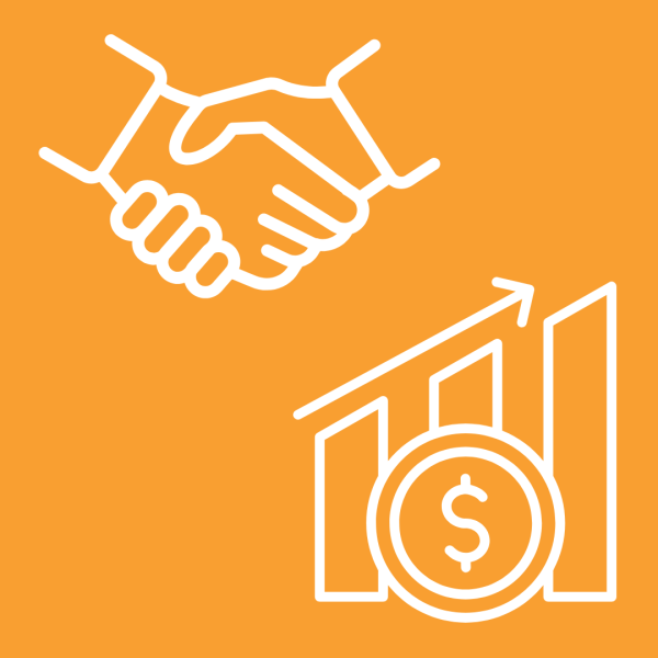 graphic of hand shake and graph showing increased revenue.