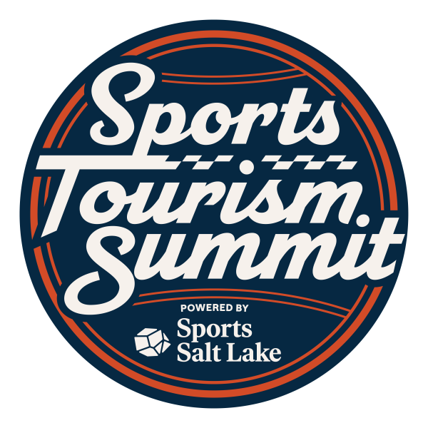 Circle with red accents that make it look like a ball with the words Sports Tourism Summit powered by Sports Salt Lake on it