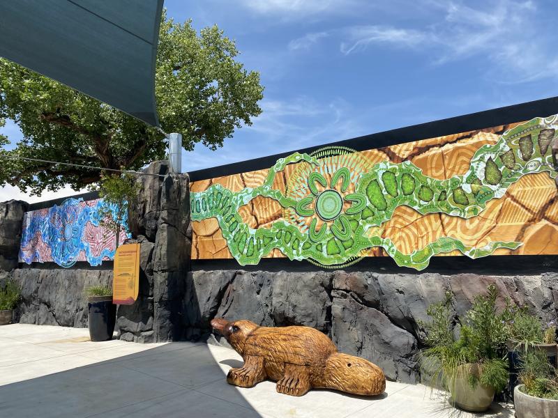 Some of the art and sculptures at the Australian Shores exhibit at the ABQ BioPark Zoo