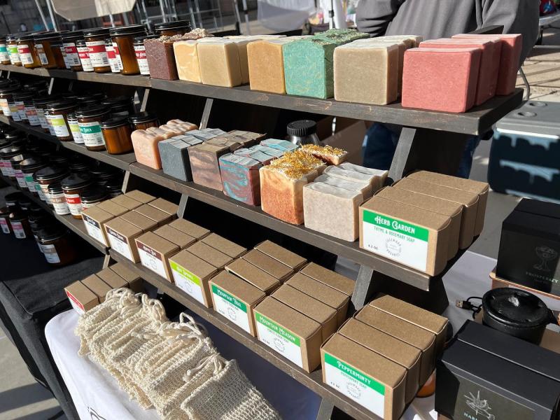 A display of soap and spices from Sagework Organics