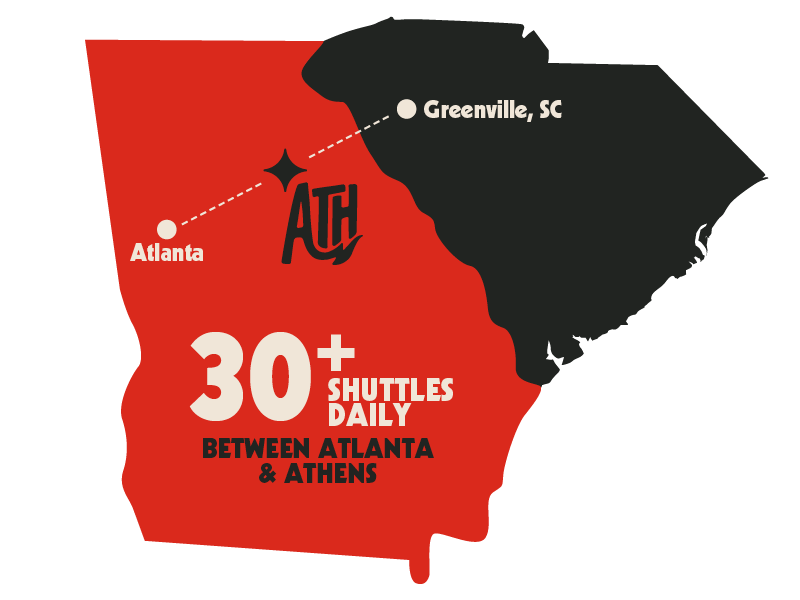 Map showing Athens location between Atlanta and Greenville