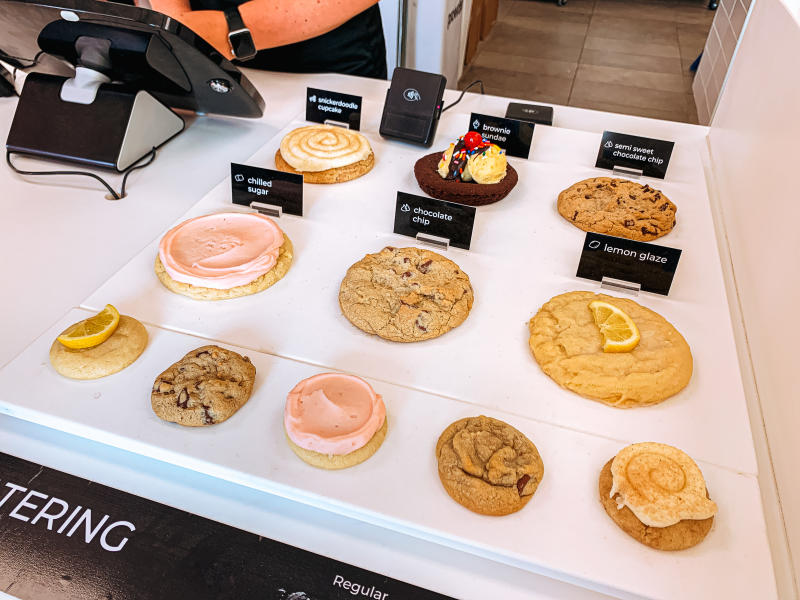 Display of Crumbl Cookies' weekly selection of cookies