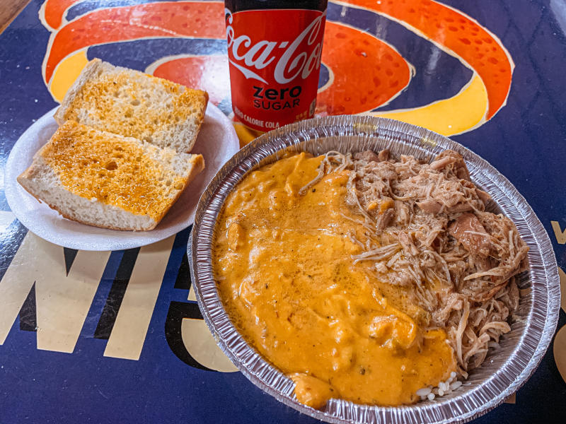 Chili-cheese etoufee and bourbon chicken from Dat's In Bloomington, IN