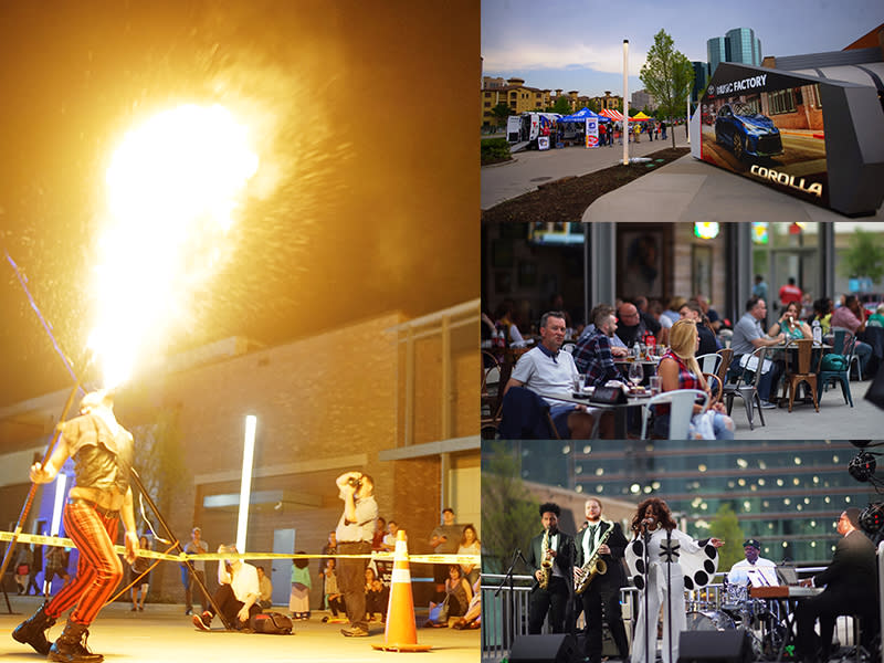 Collage of 4 photos: Man blowing fire, Toyota Corolla sign with tents, people dining al fresco, and woman singing with two men on saxophones