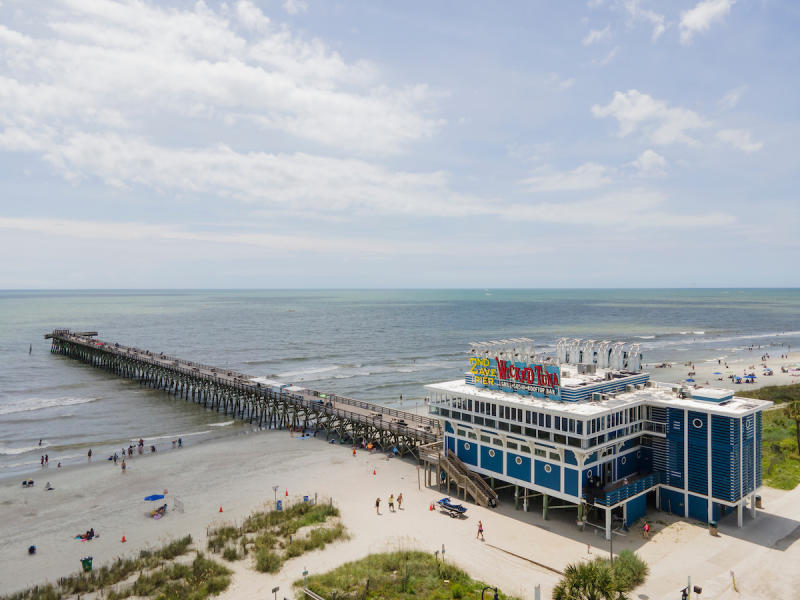 Aerial view of Myrtle Beach's 2nd Ave Pier and Wicked Tuna Restaurant