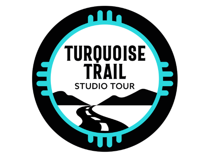 a turquoise and black emblem resembling a Zia symbol, around text that reads "Turquoise Trail Studio Tour"