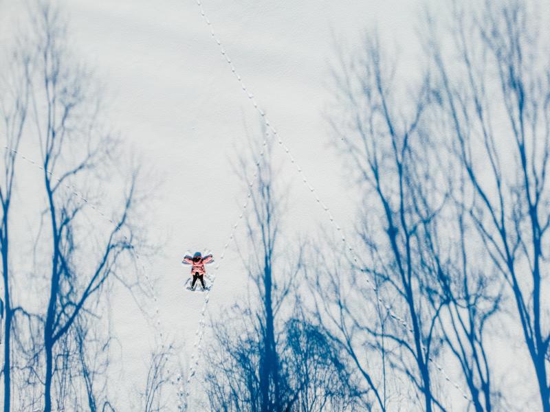 A person wearing a pink winter coat lies in the snow, making a snow angel in Ruthven Park National Historic Site, surrounded by long blue shadows of bare trees stretching across the white ground on a sunny winter day.