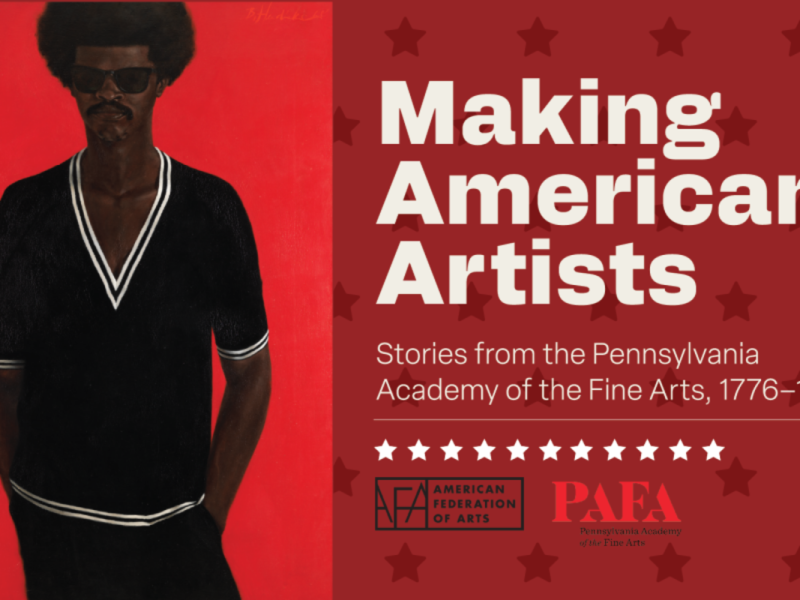 An image of a Black man features text "Making American Artists" an exhibit at Wichita Art Museum
