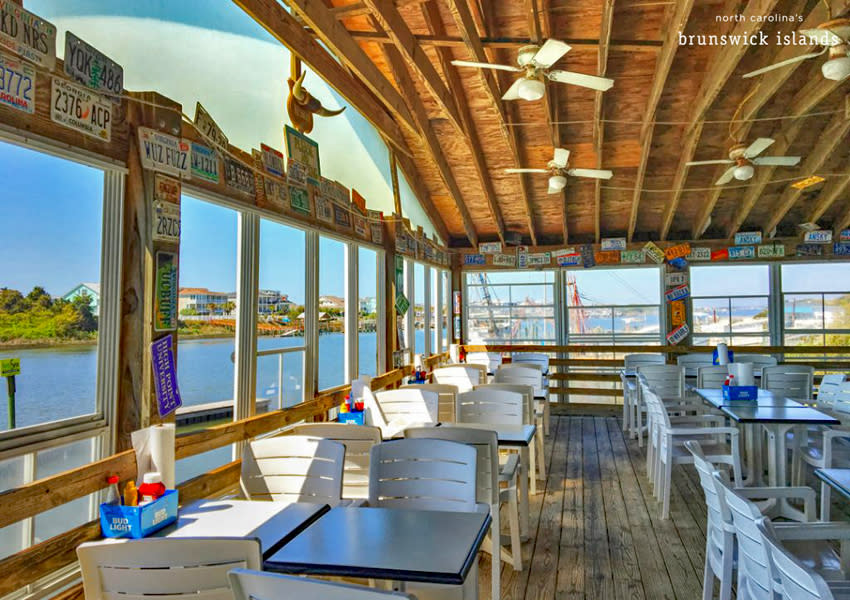 interior dining area of a waterfront restaurant in Holden Beach, NC.