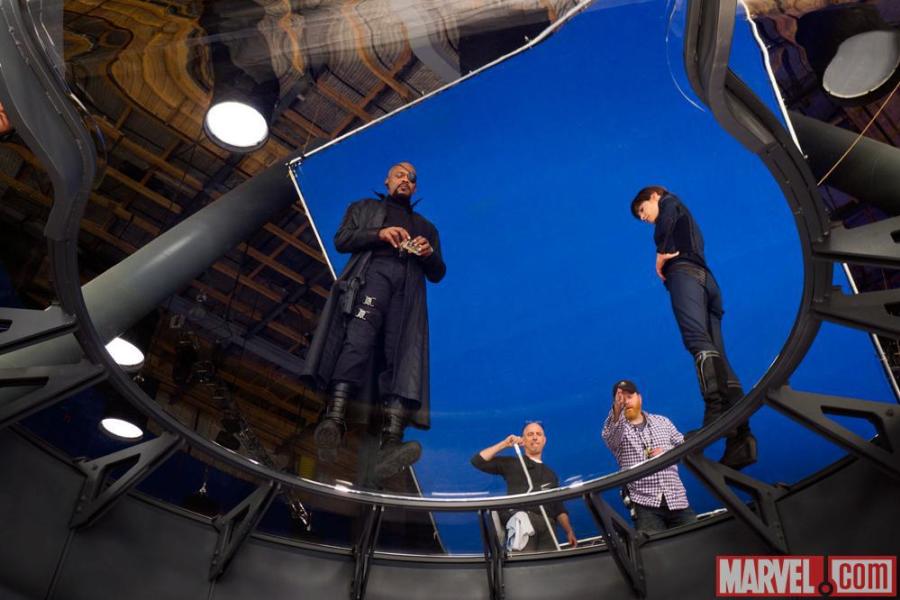 Samuel L. Jackson (Nick Fury) and Cobie Smulders (Maria Hill) on the set of Marvel’s The Avengers.
