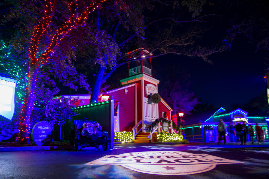 Photo of buildings with Christmas lights and decoration at Six Flags Over Texas Holiday in the Park