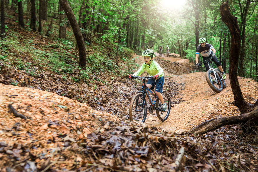 Images of a father and son riding on a mountain bike trail. The trees have lush greenery on a cool fall morning