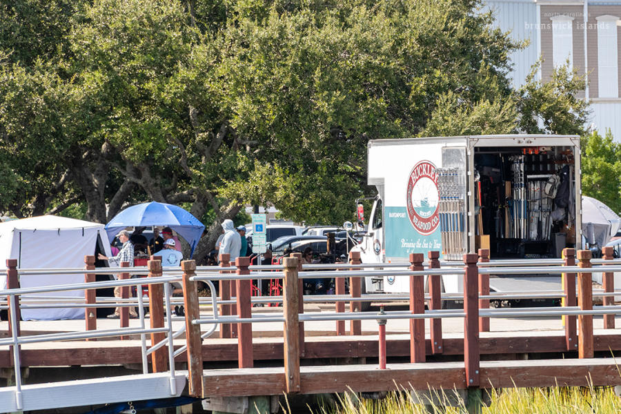 a movie production truck parked on a filming set at the Morningstar Marina in Southport, NC