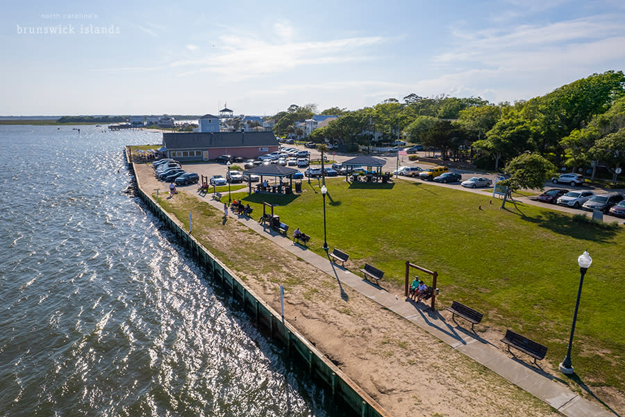 an aerial view of the benches in Waterfront Park in downtown Southport