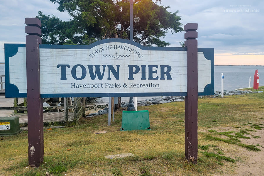 A movie prop sign for the Havenport Town Pier in Southport, NC