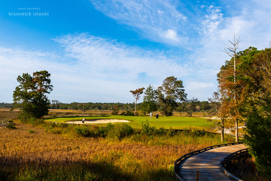 a golfer hitting a chip shot out of a bunker onto a green at Carolina National Golf Club