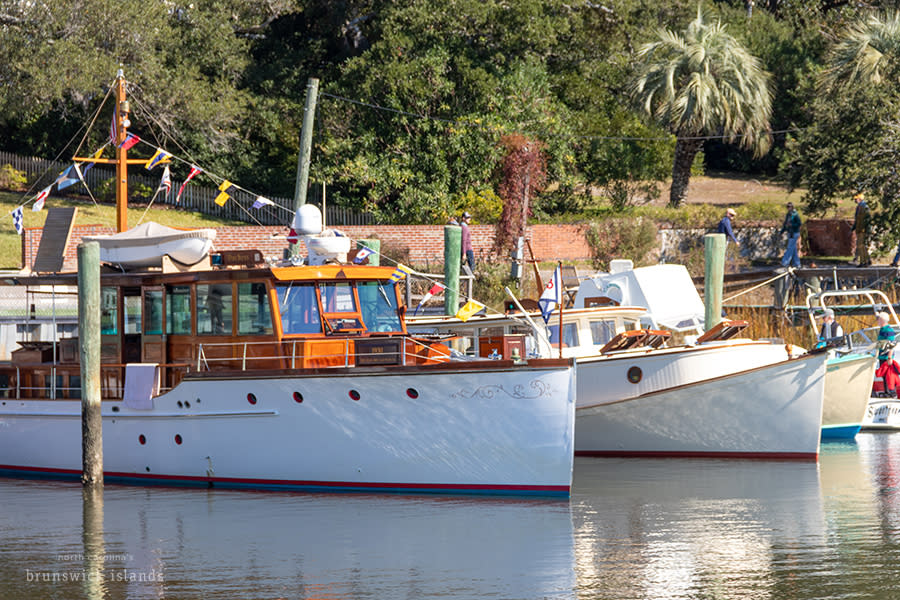 wooden boats docked in downtown Southport