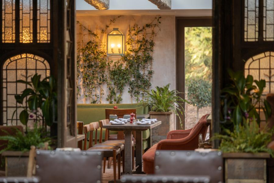 The Double Red Duke dining room in Clanfield. There are lush plants and beautiful windows.