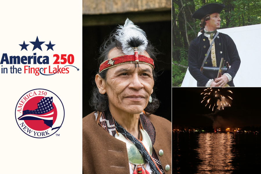 America 250 in a blog collage about the Finger Lakes region. On the left: regional and New York State logos; on the right: images of a Native American, a Revolutionary War reenactor, and fireworks over the lake.