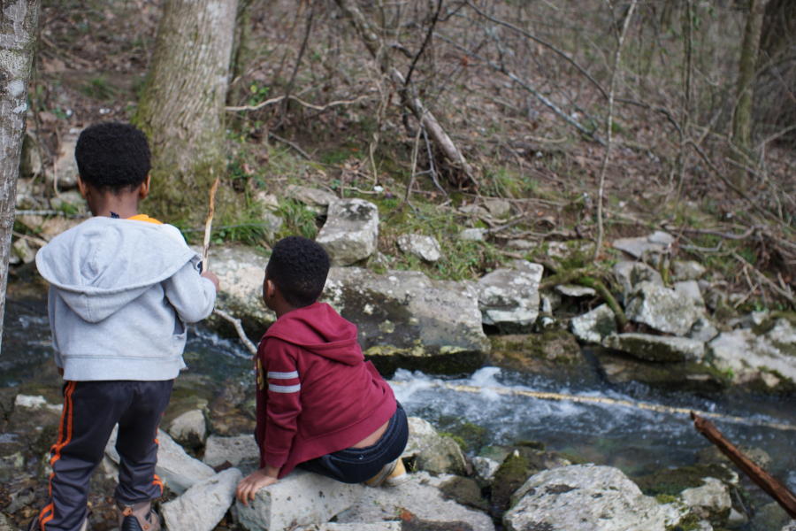Two kids enjoy the sights and sounds of Bethel Creek near Huntsville, in Gurley.
