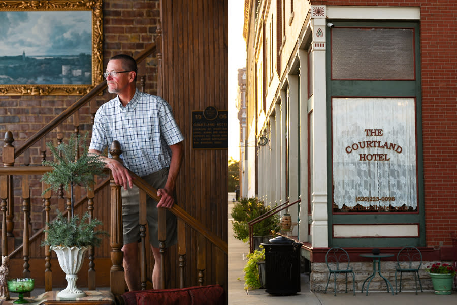 photo 1:man standing on stairs, photo 2: historic hotel window sign