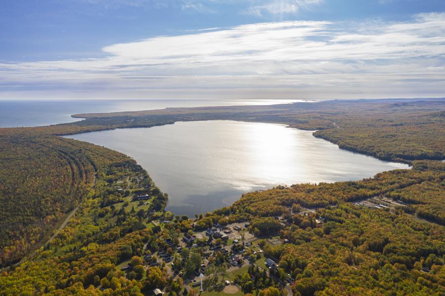 An aerial image of Big Bay's bay