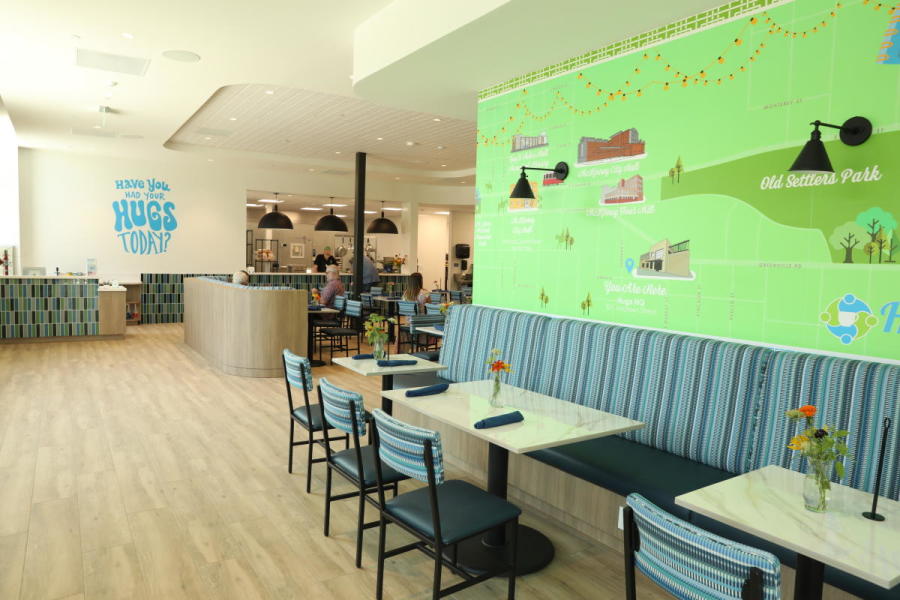 Interior shot of a cafe in Downtown McKinney with brightly colored furniture