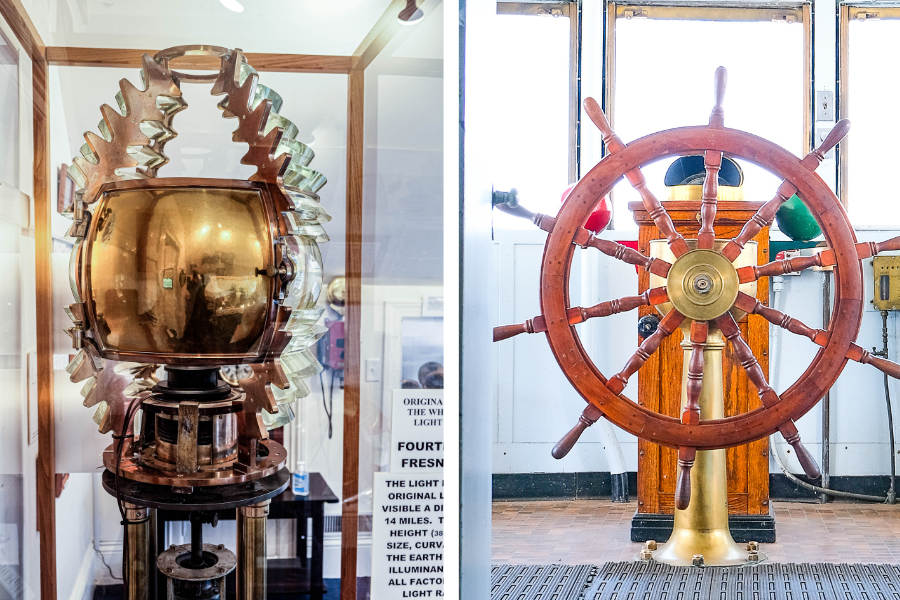 two side by side photos show a Fresnel lens from a lighthouse and the second shows a wooden captains wheel attached to a brass stand