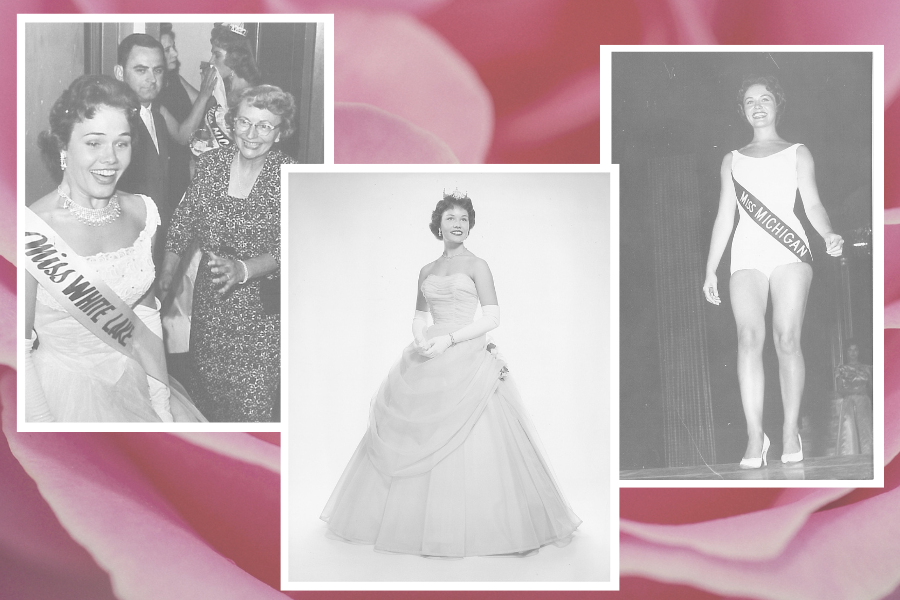 3 black and white photos of miss michigan, nancy anne fleming on pink, rose background