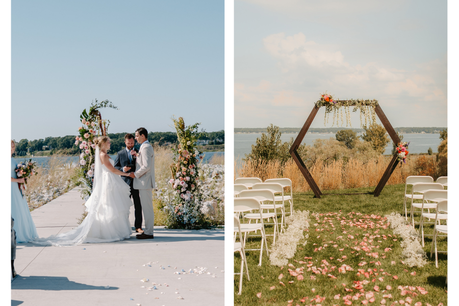 Left: A couple stands at a lakeside altar adorned with flowers, exchanging vows. Right: An empty wedding setup with a hexagonal arch and petal-strewn aisle.