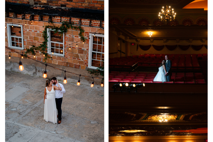 A couple shares a romantic dance outdoors near a brick wall with string lights, and another poses in a dimly lit theater with red seats and chandeliers.