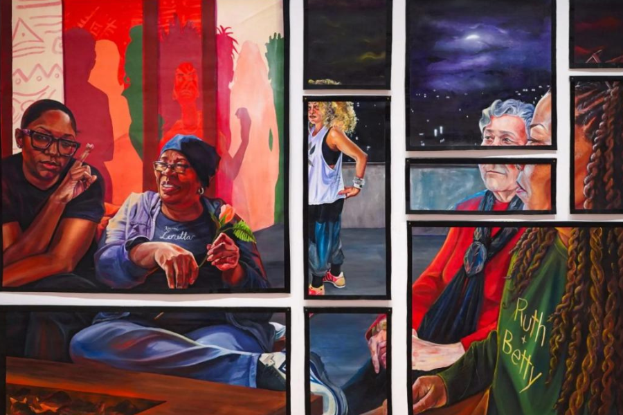 Collage of colorful portraits in various frames. A woman in glasses talks with another woman, while other panels show vibrant cityscapes and people.