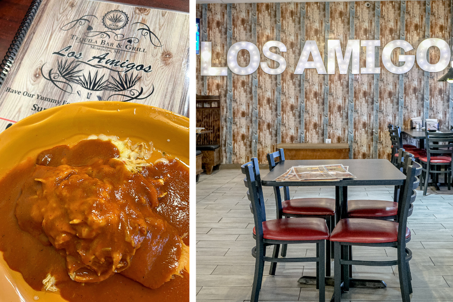 2 images. 1st show sauce smothered tamale on umber colored plate in front of Los Amigos restaurnant. 2nd shows dining table and chairs inf ront of restaurant wall with illuminated letters spelling Los Amigos