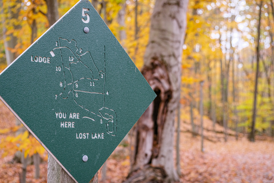 Green diamond trail map sign marked “5” shows Lodge, Lost Lake, and “You Are Here,” set against a peaceful autumn forest trail.