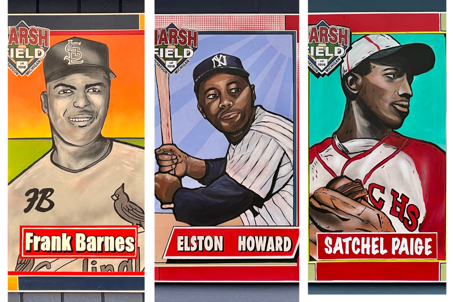 Three colorful portraits of baseball players: Frank Barnes smiling, Elston Howard poised to bat, and Satchel Paige focused. Each has vibrant backgrounds.