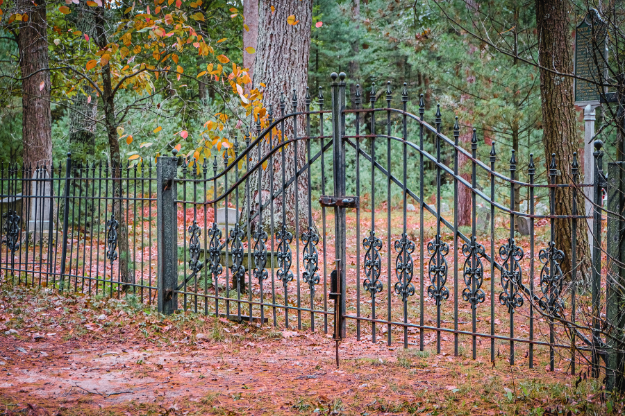 Ornate black wrought iron gate partially open, leading into a historic cemetery with autumn leaves scattered on the ground and trees in seasonal colors.