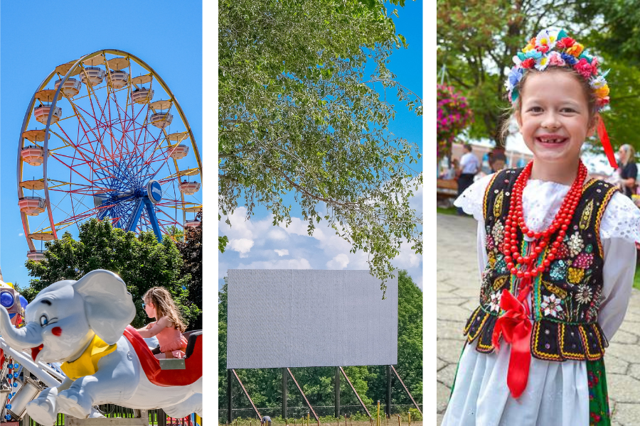 Three images displayed side-by-side: the first shows a Ferris wheel at Michigan's Adventure amusement park, the second features a drive in screen in front of a tree-lined background under a blue sky, and the third depicts a child in traditional Polish folk attire, smiling.