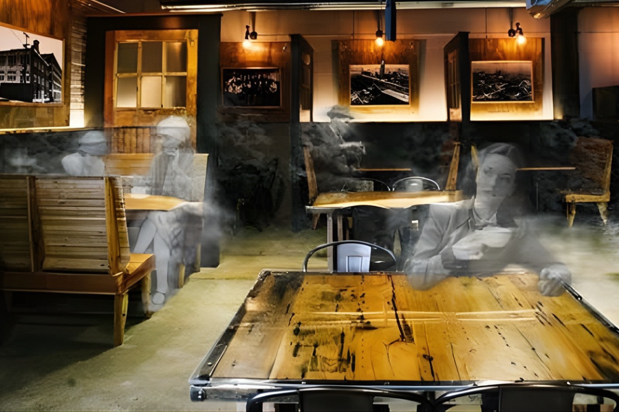 Interior of a cozy, dimly lit coffee shop with wood and brick decor. Faint, ghost-like images of patrons overlaid. The tables are rustic and wooden with photographs of landscapes on the walls.
