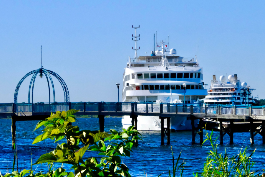 Docked white cruise ships beside a pier under a clear blue sky, with greenery in the foreground. The scene is serene and inviting.