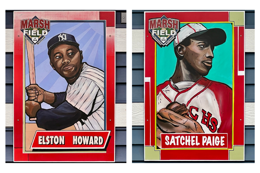 Two illustrated baseball cards featuring famous players. On the left, Elston Howard in a New York Yankees uniform, and on the right, Satchel Paige in a Cleveland Indians uniform. Each player is depicted in a stylized portrait against a colorful background with their names and "Marsh Field" written at the top.