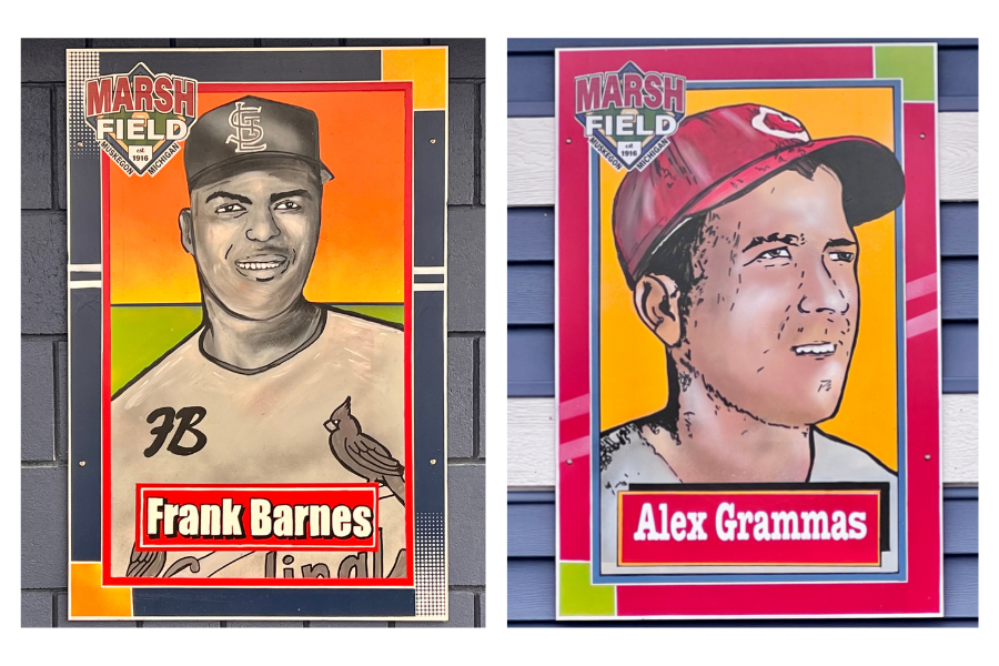 Two mural baseball cards featuring portraits of players from Marsh Field, named Frank Barnes and Alex Grammas. Each card shows a player in a team cap and jersey, set against brightly colored, geometric backgrounds.