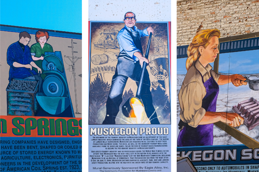 Three murals depicting industrial themes: the first shows two workers at a machinery, the second features a jubilant individual with the text "Muskegon Proud," and the third depicts a worker with a tool in front of industrial equipment.