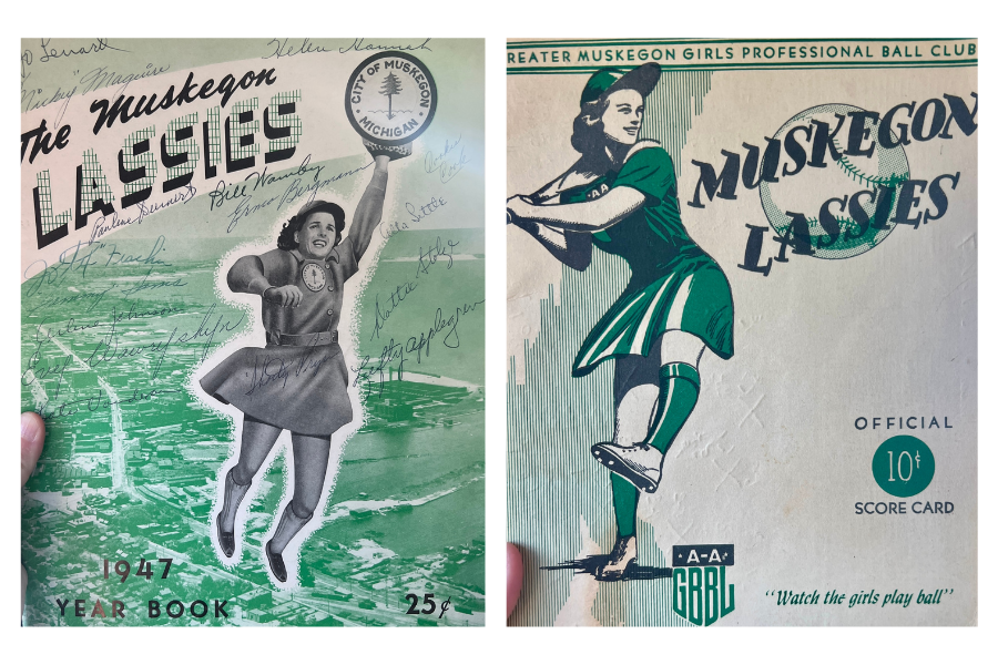 Vintage 1947 yearbook and official scorecard cover for the Muskegon Lassies, a notable team in the All-American Girls Professional Baseball League, featuring illustrated artwork of a player in action on a stylized baseball field background.